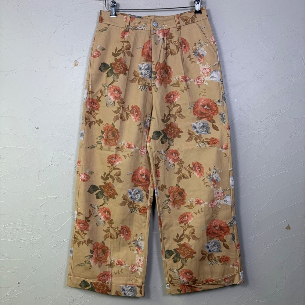 Floral Wide Leg Trousers Women Large Tan Rose Pleated High Waist Cottage Boho
